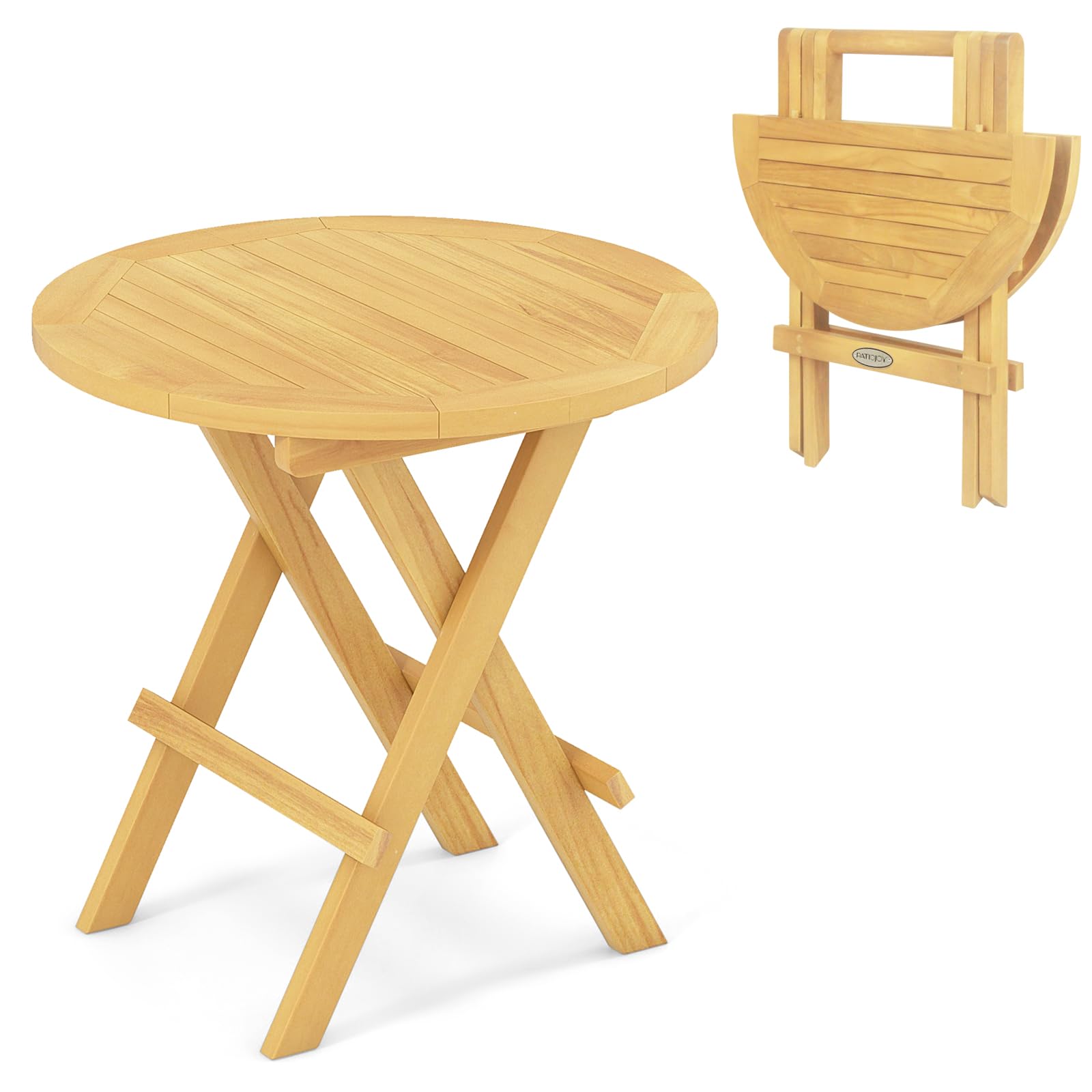 Table d'appoint pliante Tangkula pour patio, table basse ronde en teck avec pieds en X et plateau à lattes, 51 cm (P) x 51 cm (L) x 51 cm (H)